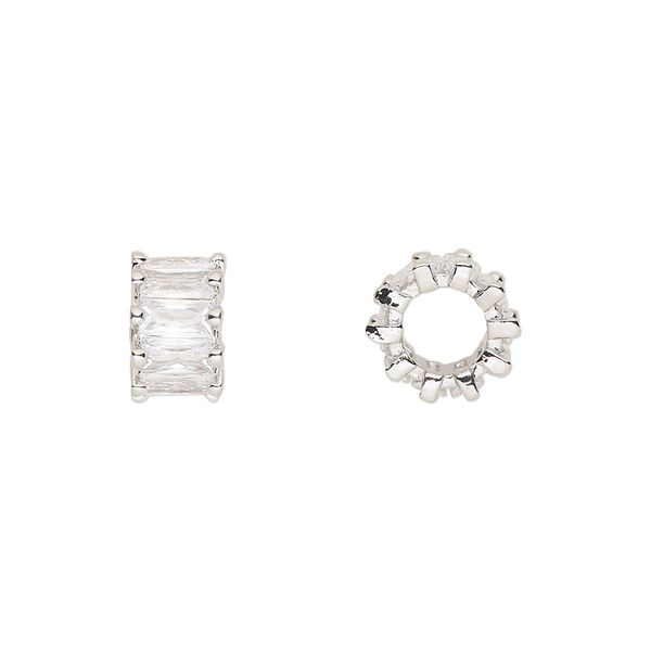 Bead 1pkg2 silver-plated, 10.5x6mm rondelle, brass / clear cubic zirconia image number 0