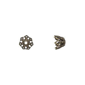 Bead cap, antique gold-plated brass, stamped, 7x5mm fancy basket with cutout pattern, fits 7-10mm bead. Sold per pkg of 50.
