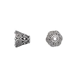 Cone, TierraCast&reg;, antique silver-plated pewter (tin-based alloy), 9x8.5mm beaded with swirls, 6mm inside diameter. Sold per pkg of 20.