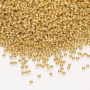 Seed bead, Miyuki, glass, pkg/250g, #15 rocaille, opaque 24Kt gold-plated, (RR-191).