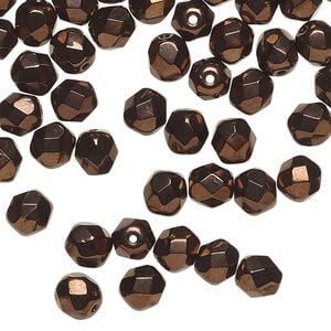 Bead, Czech fire-polished glass 1pkg60, opaque bronze, 6mm faceted round.