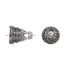 Cone, antique silver-plated bronze, 14.5x11.5mm textured, 8.5mm inside diameter. Sold individually.