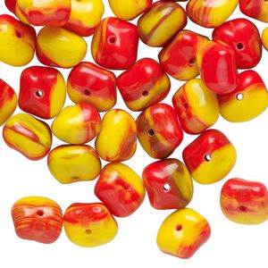 Bead, pressed glass, opaque red and yellow, 9x6mm freeform rondelle. Sold per 1-ounce pkg, approximately 50 beads.