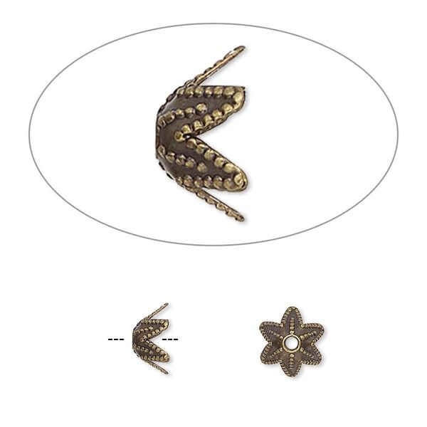 Bead cap, antique gold-plated brass, 7x4mm 6-pointed star, fits 7-9mm bead. Sold per pkg of 100. image number 0