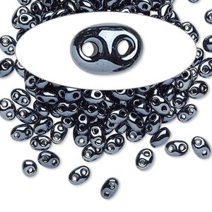 Seed bead, Preciosa Twin&trade; Czech glass, pkg/50g, 5x2.5mm oval, opaque pewter iris black, (49102).
