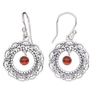Earring, Create Compliments&reg;, garnet (natural) and antiqued sterling silver, 33mm fancy round with cutout design and fishhook ear wire, 20 gauge. Sold per pair.