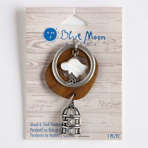 Focal, mother-of-pearl shell / wood (natural) / antique silver-finished "pewter" (zinc-based alloy) 1pkg1, 67mm with 20.5x13mm bird / 22x15.5mm bird cage / "LOVE."