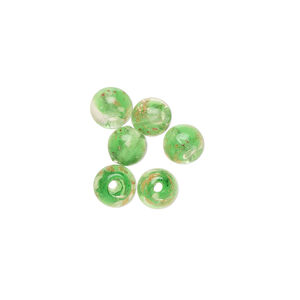 Bead, lampworked glass, clear / green / glow-in-the-dark / gold, 6mm round. Sold per pkg of 6.