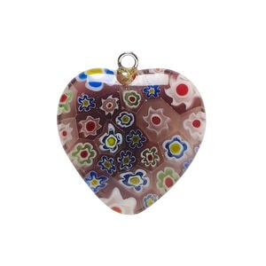 Drop, millefiori glass and silver-finished steel 1pkg1, translucent purple and multicolored, 24-26mm puffed heart.