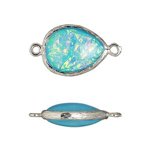 Link, Opalized Ice&trade;, "opal" (resin) and imitation rhodium-finished brass, opaque light blue, 19.5x15mm double-sided teardrop. Sold per pkg of 4.