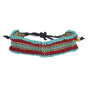 Bracelet, waxed cotton cord / glass / gold-finished steel, red / turquoise blue / black, 21mm wide, adjustable from 6-1/2 to 9 inches with macram&eacute; knot closure. Sold individually.