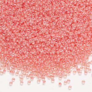 Seed bead, Miyuki, glass, pkg/250g, #15 rocaille, translucent coral-lined luster crystal clear (RR-204).