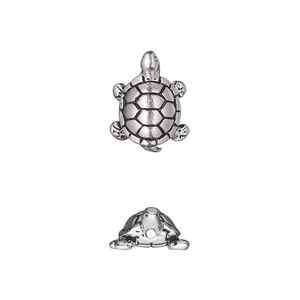 Bead 1pkg2 silver-plated pewter, 15x11.5mm turtle / 3D, antique TierraCast&reg;