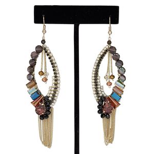 Earring, glass with gold-finished brass and steel, multicolored, 4 inches with marquise and fishhook ear wire. Sold per pair.