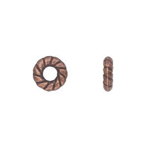 Component, antique copper-plated "pewter" (zinc-based alloy), 10mm double-sided round donut with twisted rope design. Sold per pkg of 50.
