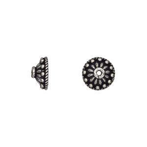Bead cap, antiqued sterling silver, 10x5mm beaded round, fits 8-12mm bead. Sold per pkg of 6.