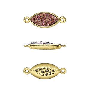 Link, Druzylite&trade;, "druzy" (resin) and gold-finished brass, metallic purple, 16x8mm two-sided marquise with open filigree back. Sold per pkg of 4.