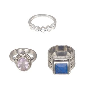 Ring mix, Create Compliments&reg;, multi-gemstone (natural / dyed / heated / irradiated) / glass / sterling silver, multicolored, 2-16mm wide, size 8 to 8-1/2. Sold per pkg of 3.