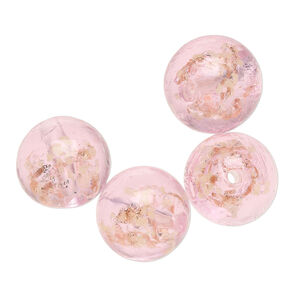 Bead, lampworked glass, clear / pink / glow-in-the-dark / gold, 14mm round. Sold per pkg of 4.