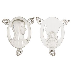 Connector, Britannia pewter (tin-based alloy), 20x15mm two-sided diamond-cut oval rosary with Madonna. Sold individually.
