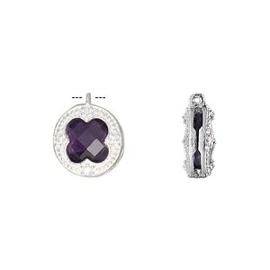 Drop, amethyst (natural) / cubic zirconia / sterling silver, clear, 12mm two-sided faceted round. Sold individually.