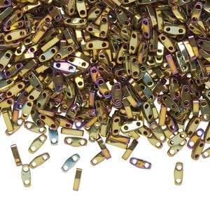 Seed bead, TILA&reg;, glass, pkg/5g, 5x1.2mm quarter tila rectangle, opaque metallic gold iris purple, (QTL-188).