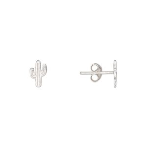 Earstud, Create Compliments&reg;, sterling silver, 8.5x5.5mm cactus. Sold per pair.