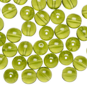 Bead, Czech glass druk 1pkg50, transparent olivine, 8mm round.