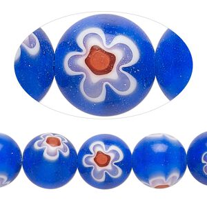 Bead, millefiori glass, translucent cobalt blue / red / white, 11-13mm round. Sold per 14-inch strand.