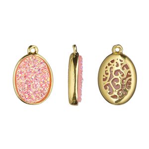 Drop, Druzylite&trade;, "druzy" (resin) and gold-finished brass, pink, 15.5x11.5mm two-sided oval with open filigree back. Sold per pkg of 4.