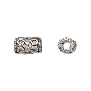 Bead, pewter (tin-based alloy), pkg/1, antiqued, 13x9mm tube with rope edge.