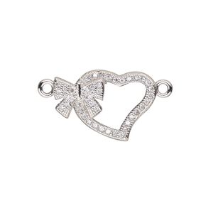Link, cubic zirconia and silver-finished brass, clear, 18x13mm single-sided open heart with bow. Sold individually.
