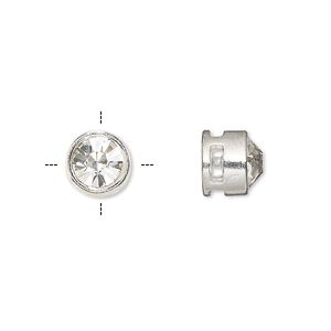 Spacer, glass rhinestone and silver-finished "pewter" (zinc-based alloy), clear, 9x8mm cross-drilled round with 7mm chaton. Sold per pkg of 6.