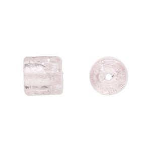 Cord end 1pkg2 glass, 11mm round tube / confetti pattern / 5mm inside diameter, translucent pink / silver-colored foil