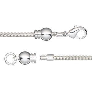 Chain 1pkg1 silver-plated snake, 2mm / lobster claw clasp / fits 3.5-6mm hole, Dione&reg; brass 7.5 inch