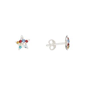 Earstud sterling silver / Preciosa crystal 1pkg2, 7.5mm star / earnuts included, Create Compliments&reg; multicolored 1 pair