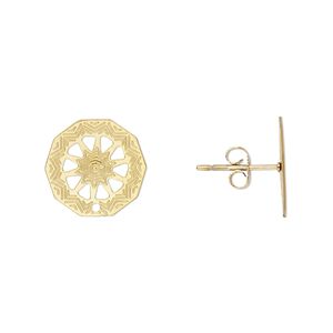 Earstud Lazer Lace&trade; 1pkg8, 13mm wheel / cutout design / earnuts, gold-finished stainless steel 4 pair