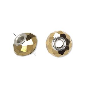 Bead 1pkg6 silver-plated, 14x9mm faceted rondelle, brass / glass / metallic bright gold Dione&reg;