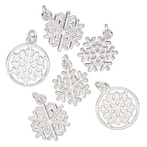 Charm assortment, silver-finished "pewter" (zinc-based alloy), 17mm-15.5 x 15mm snowflake theme. Sold per pkg of 6.