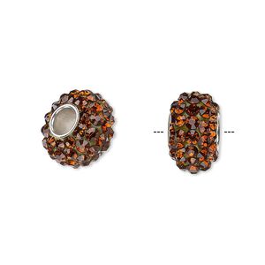Bead 1pkg1 imitation rhodium-plated, 13x8mm-14x8mm rondelle, brass / glass rhinestone / epoxy / root beer Dione&reg;