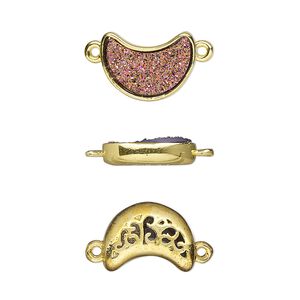 Link, Druzylite&trade;, "druzy" (resin) and gold-finished brass, metallic purple, 14x10mm two-sided moon with open filigree back. Sold per pkg of 4.