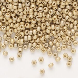 Seed bead, Miyuki, glass, pkg/4g, #8 rocaille, opaque 24Kt gold-plated matte light (RR-193F).