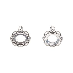 Drop, antiqued sterling silver, 12x11mm overall with 8x6mm oval setting and flower design with open back. Sold individually.