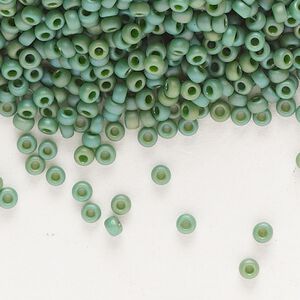 Seed bead, Miyuki, glass, pkg/25g, #11 rocaille, opaque matte rainbow turtle green, (RR-4699).