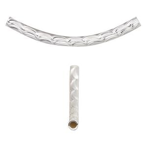 Bead 1pkg4 silver-plated, 41.5x9mm curved tube, brass