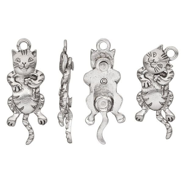 Charm, pewter (tin-based alloy), pkg/1, antiqued, 29.5x13mm single-sided cat with moving head and tail. image number 0