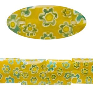 Bead, millefiori glass, translucent yellow / blue / white, 11mm-13x12mm puffed square with flower design. Sold per 14-inch strand.