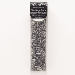 Bead, bugle bead, glass, pkg/33g, 7x2mm round tube, opaque gunmetal.
