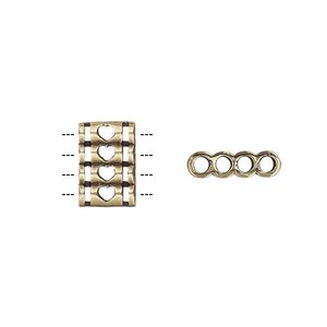Spacer, antiqued brass, 12.5x8.5mm double-sided 4-strand quadruple round tube with heart cutout design, fits up to 2mm bead. Sold individually.