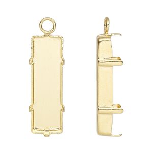 Drop, gold-plated brass, 25x9mm rectangle with closed loop and 24x8mm 6-prong faceted rectangle setting (4547) with closed back. Sold per pkg of 4.